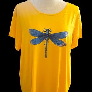 Ladies lightweight yellow rayon tee w blue screen print dragonfly